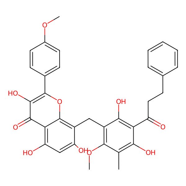 2D Structure of 8-[[2,4-Dihydroxy-6-methoxy-5-methyl-3-(3-phenylpropanoyl)phenyl]methyl]-3,5,7-trihydroxy-2-(4-methoxyphenyl)chromen-4-one