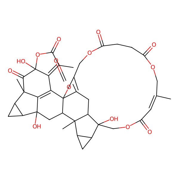 2D Structure of (1S,2S,4S,5S,7R,8S,10S,16R,28Z,33S,34S,36R,37R)-4,10,33-trihydroxy-1,8,13,28-tetramethyl-11,17,21,26,31-pentaoxadecacyclo[17.17.3.14,8.02,16.05,7.010,14.016,39.033,37.034,36.015,40]tetraconta-13,15(40),19(39),28-tetraene-9,12,18,22,25,30-hexone