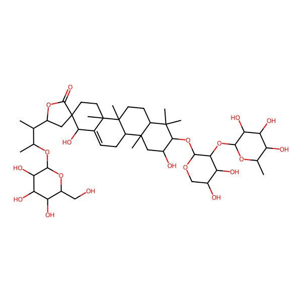 2D Structure of 8-[4,5-dihydroxy-3-(3,4,5-trihydroxy-6-methyloxan-2-yl)oxyoxan-2-yl]oxy-1,9-dihydroxy-4a,4b,7,7,10a-pentamethyl-5'-[3-[3,4,5-trihydroxy-6-(hydroxymethyl)oxan-2-yl]oxybutan-2-yl]spiro[3,4,5,6,6a,8,9,10,10b,11-decahydro-1H-chrysene-2,3'-oxolane]-2'-one