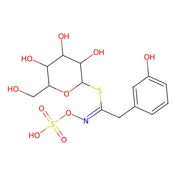 2D Structure of [(2R,3R,4R,5R,6R)-3,4,5-trihydroxy-6-(hydroxymethyl)oxan-2-yl] (1E)-2-(3-hydroxyphenyl)-N-sulfooxyethanimidothioate