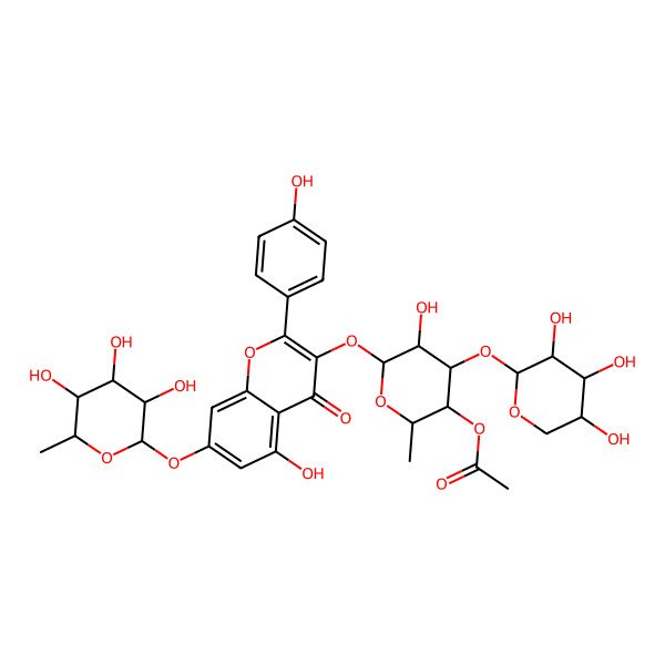2D Structure of [(2S,3S,4S,5S,6R)-5-hydroxy-6-[5-hydroxy-2-(4-hydroxyphenyl)-4-oxo-7-[(2S,3R,4S,5R,6R)-3,4,5-trihydroxy-6-methyloxan-2-yl]oxychromen-3-yl]oxy-2-methyl-4-[(2S,3S,4S,5S)-3,4,5-trihydroxyoxan-2-yl]oxyoxan-3-yl] acetate