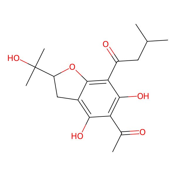 2D Structure of 1-Butanone, 1-[5-acetyl-2,3-dihydro-4,6-dihydroxy-2-(1-hydroxy-1-methylethyl)-7-benzofuranyl]-3-methyl-
