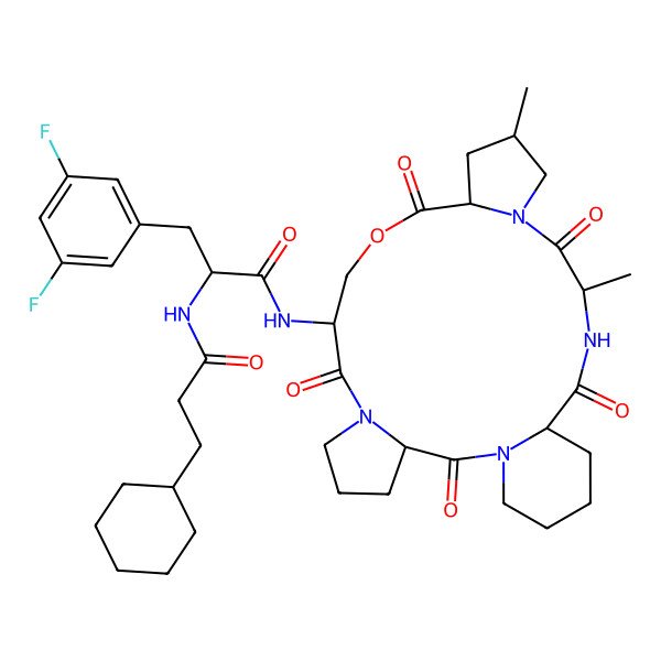 2D Structure of 3-Cylcohexylpropanoic acid [(S)-2-(3,5-difluorophenyl)-1-((3S,9S,13S,15R,19S,22S)-15,19-Dimethyl-2,8,12,18,21-pentaoxo-11-oxa-1,7,17,20-tetraaza-tetracyclo[20.4.0.03,7.013,17] hexacos-9-ylcarbamoyl)-ethyl]-amide