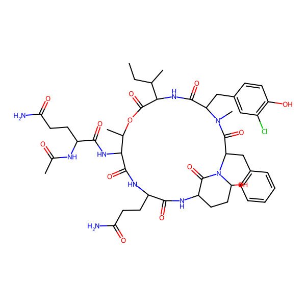 2D Structure of 2-acetamido-N-[15-(3-amino-3-oxopropyl)-2-benzyl-8-butan-2-yl-5-[(3-chloro-4-hydroxyphenyl)methyl]-21-hydroxy-4,11-dimethyl-3,6,9,13,16,22-hexaoxo-10-oxa-1,4,7,14,17-pentazabicyclo[16.3.1]docosan-12-yl]pentanediamide