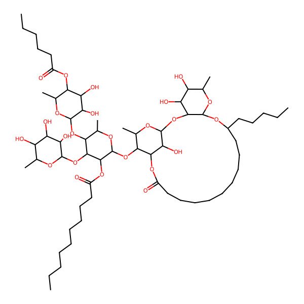 2D Structure of [5-(5-Hexanoyloxy-3,4-dihydroxy-6-methyloxan-2-yl)oxy-6-methyl-2-[(4,5,26-trihydroxy-6,24-dimethyl-20-oxo-10-pentyl-2,7,9,21,25-pentaoxatricyclo[20.3.1.03,8]hexacosan-23-yl)oxy]-4-(3,4,5-trihydroxy-6-methyloxan-2-yl)oxyoxan-3-yl] decanoate
