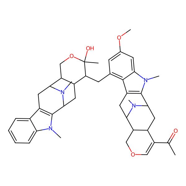 2D Structure of 1-[(1S,12S,13S,18R)-8-[[(1R,12R,13R,16S,17R,18S)-16-hydroxy-3,16,20-trimethyl-15-oxa-3,20-diazapentacyclo[10.7.1.02,10.04,9.013,18]icosa-2(10),4,6,8-tetraen-17-yl]methyl]-6-methoxy-3,20-dimethyl-15-oxa-3,20-diazapentacyclo[10.7.1.02,10.04,9.013,18]icosa-2(10),4,6,8,16-pentaen-17-yl]ethanone