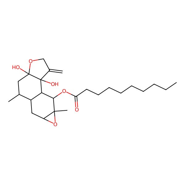 2D Structure of (2,6-Dihydroxy-8,13-dimethyl-3-methylidene-5,12-dioxatetracyclo[7.5.0.02,6.011,13]tetradecan-14-yl) decanoate