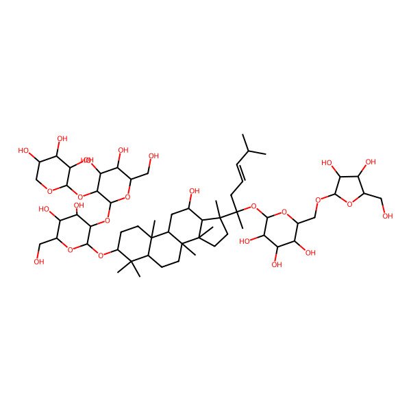 2D Structure of 2-[[3,4-Dihydroxy-5-(hydroxymethyl)oxolan-2-yl]oxymethyl]-6-[2-[3-[3-[4,5-dihydroxy-6-(hydroxymethyl)-3-(3,4,5-trihydroxyoxan-2-yl)oxyoxan-2-yl]oxy-4,5-dihydroxy-6-(hydroxymethyl)oxan-2-yl]oxy-12-hydroxy-4,4,8,10,14,17-hexamethyl-1,2,3,5,6,7,9,11,12,13,15,16-dodecahydrocyclopenta[a]phenanthren-17-yl]-6-methylhept-4-en-2-yl]oxyoxane-3,4,5-triol