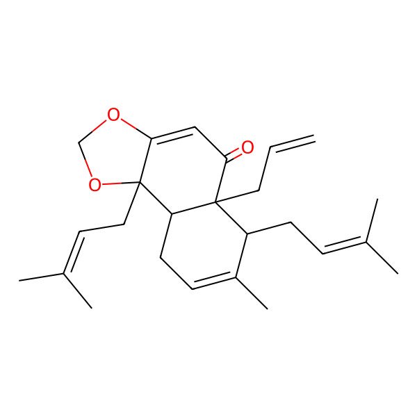 2D Structure of (5aR,6R,9aS,9bS)-7-methyl-6,9b-bis(3-methylbut-2-enyl)-5a-prop-2-enyl-9,9a-dihydro-6H-benzo[e][1,3]benzodioxol-5-one