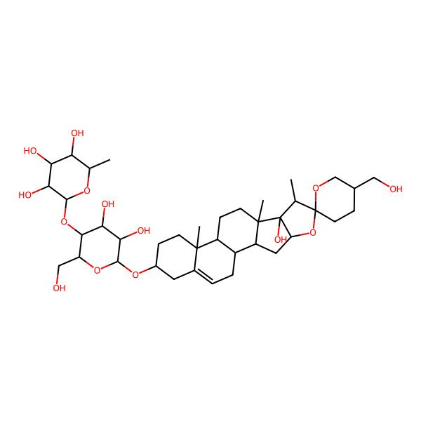 2D Structure of (2S,3R,4R,5R,6S)-2-[(2R,3S,4R,5R,6R)-4,5-dihydroxy-6-[(1R,2S,4S,5'S,6R,7S,8S,9S,12S,13R,16S)-8-hydroxy-5'-(hydroxymethyl)-7,9,13-trimethylspiro[5-oxapentacyclo[10.8.0.02,9.04,8.013,18]icos-18-ene-6,2'-oxane]-16-yl]oxy-2-(hydroxymethyl)oxan-3-yl]oxy-6-methyloxane-3,4,5-triol