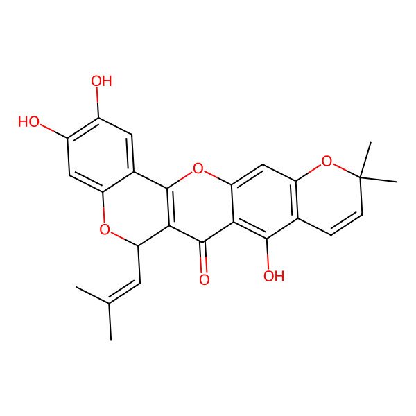 2D Structure of 6,7,15-Trihydroxy-19,19-dimethyl-11-(2-methylprop-1-enyl)-2,10,20-trioxapentacyclo[12.8.0.03,12.04,9.016,21]docosa-1(22),3(12),4,6,8,14,16(21),17-octaen-13-one