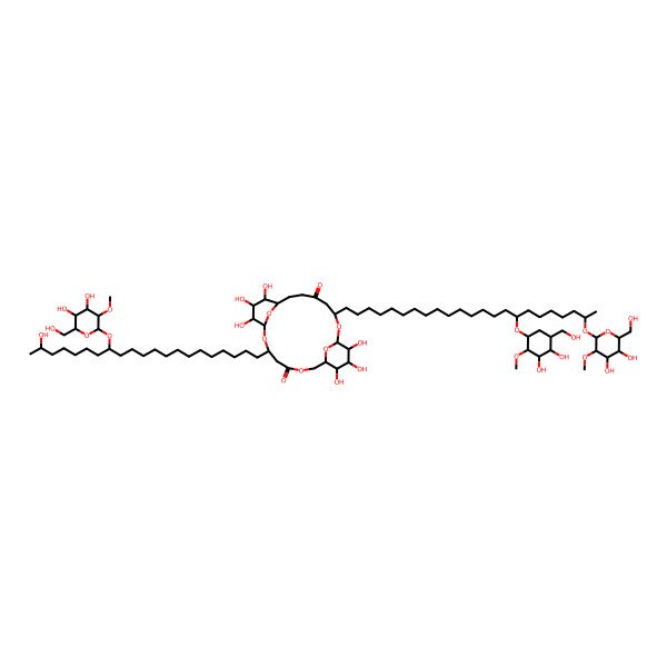 2D Structure of 14-[16-[3,4-Dihydroxy-5-(hydroxymethyl)-2-methoxycyclohexyl]oxy-22-[4,5-dihydroxy-6-(hydroxymethyl)-3-methoxyoxan-2-yl]oxytricosyl]-3-[14-[4,5-dihydroxy-6-(hydroxymethyl)-3-methoxyoxan-2-yl]oxy-20-hydroxyhenicosyl]-9,10,11,20,21,22-hexahydroxy-2,6,13,23,24-pentaoxatricyclo[17.3.1.18,12]tetracosane-5,16-dione