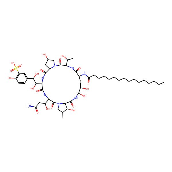 2D Structure of 5-[2-[3-(3-Amino-1-hydroxy-3-oxopropyl)-18-(hexadecanoylamino)-11,20,21,25-tetrahydroxy-15-(1-hydroxyethyl)-26-methyl-2,5,8,14,17,23-hexaoxo-1,4,7,13,16,22-hexazatricyclo[22.3.0.09,13]heptacosan-6-yl]-1,2-dihydroxyethyl]-2-hydroxybenzenesulfonic acid