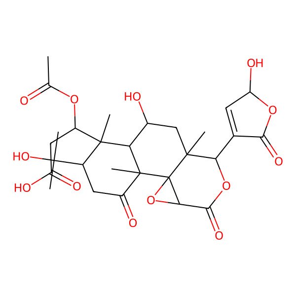 2D Structure of (3S)-3-acetyloxy-3-[(1R,2R,5R,6R,7R,8S,10S,11R,14S)-8-hydroxy-11-(2-hydroxy-5-oxo-2H-furan-4-yl)-5-(2-hydroxypropan-2-yl)-2,6,10-trimethyl-3,13-dioxo-12,15-dioxatetracyclo[8.5.0.01,14.02,7]pentadecan-6-yl]propanoic acid