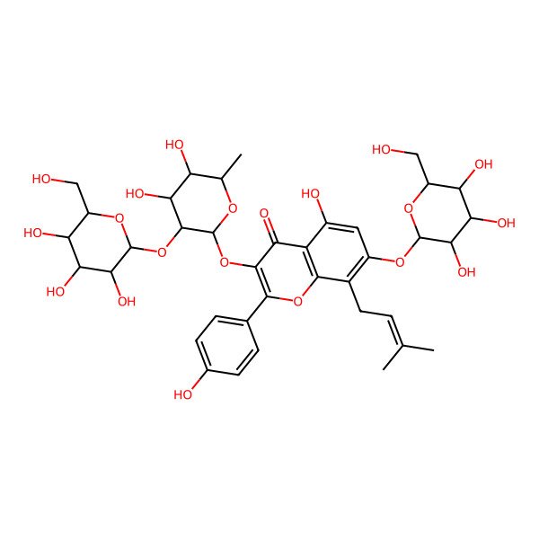 2D Structure of 3-[(2S,3S,4S,5R,6R)-4,5-dihydroxy-6-methyl-3-[(2S,3S,4R,5R,6R)-3,4,5-trihydroxy-6-(hydroxymethyl)oxan-2-yl]oxyoxan-2-yl]oxy-5-hydroxy-2-(4-hydroxyphenyl)-8-(3-methylbut-2-enyl)-7-[(2S,3R,4S,5R,6S)-3,4,5-trihydroxy-6-(hydroxymethyl)oxan-2-yl]oxychromen-4-one