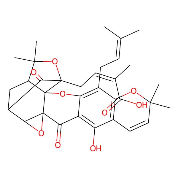 2D Structure of (Z)-4-[(1S,2R,15S,17S,18S,20R)-12-hydroxy-8,8,22,22-tetramethyl-5-(3-methylbut-2-enyl)-14,19-dioxo-3,7,16,21-tetraoxaheptacyclo[16.4.1.02,15.02,20.04,13.06,11.015,17]tricosa-4(13),5,9,11-tetraen-20-yl]-2-methylbut-2-enoic acid