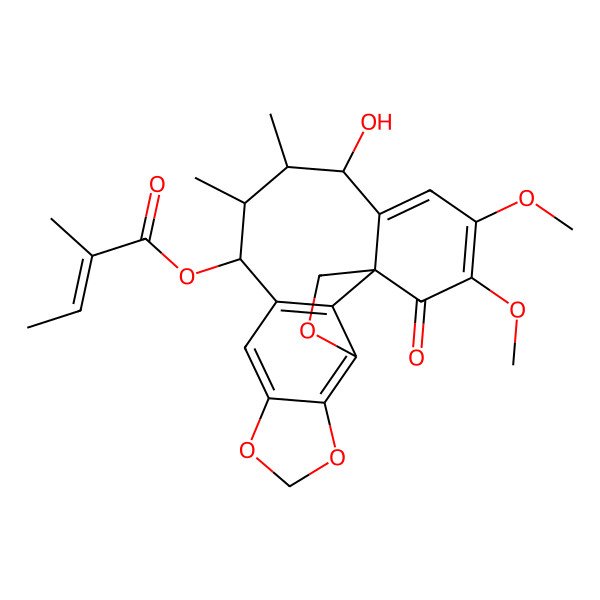 2D Structure of [(1S)-15-hydroxy-18,19-dimethoxy-13,14-dimethyl-20-oxo-3,6,8-trioxapentacyclo[9.9.1.01,16.04,21.05,9]henicosa-4(21),5(9),10,16,18-pentaen-12-yl] 2-methylbut-2-enoate
