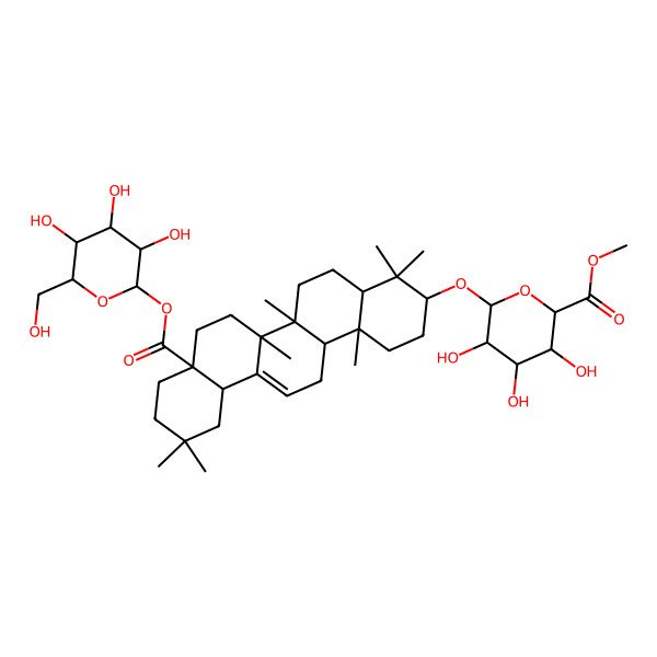 2D Structure of Methyl 6-[[4,4,6a,6b,11,11,14b-heptamethyl-8a-[3,4,5-trihydroxy-6-(hydroxymethyl)oxan-2-yl]oxycarbonyl-1,2,3,4a,5,6,7,8,9,10,12,12a,14,14a-tetradecahydropicen-3-yl]oxy]-3,4,5-trihydroxyoxane-2-carboxylate