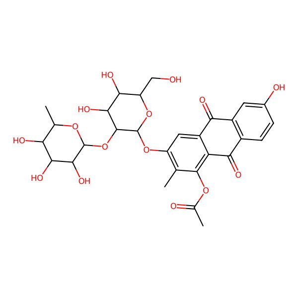 2D Structure of [3-[4,5-Dihydroxy-6-(hydroxymethyl)-3-(3,4,5-trihydroxy-6-methyloxan-2-yl)oxyoxan-2-yl]oxy-6-hydroxy-2-methyl-9,10-dioxoanthracen-1-yl] acetate