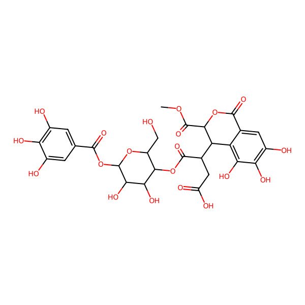 2D Structure of (3S)-4-[(2R,4R,5R,6S)-4,5-dihydroxy-2-(hydroxymethyl)-6-(3,4,5-trihydroxybenzoyl)oxyoxan-3-yl]oxy-4-oxo-3-[(3S,4S)-5,6,7-trihydroxy-3-methoxycarbonyl-1-oxo-3,4-dihydroisochromen-4-yl]butanoic acid