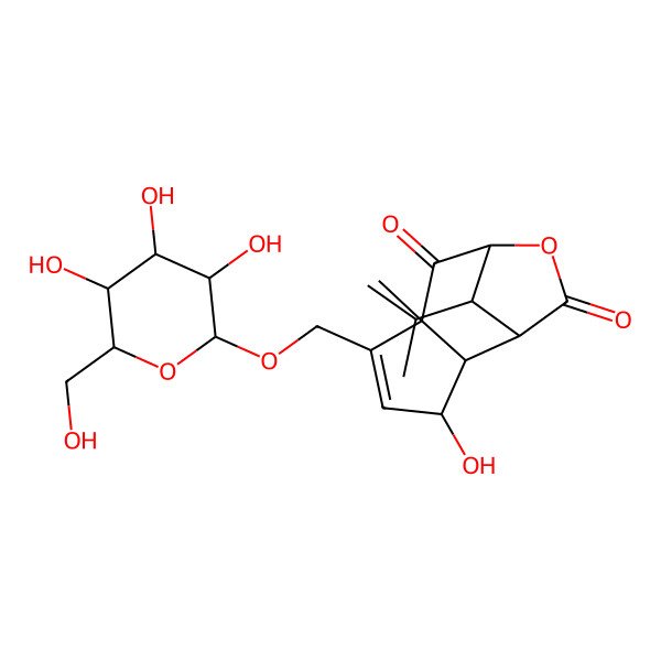 2D Structure of 3-Hydroxy-6-methyl-11-propan-2-yl-5-[[3,4,5-trihydroxy-6-(hydroxymethyl)oxan-2-yl]oxymethyl]-9-oxatricyclo[6.2.1.02,6]undec-4-ene-7,10-dione
