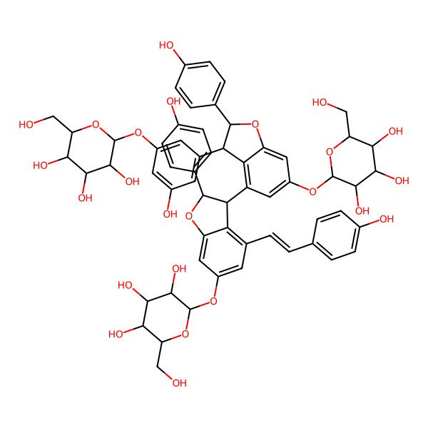 2D Structure of beta-D-Glucopyranoside, (2S,2'R,3S,3'R)-3'-[3-(beta-D-glucopyranosyloxy)-5-hydroxyphenyl]-2,2',3,3'-tetrahydro-2,2'-bis(4-hydroxyphenyl)-4-[(1Z)-2-(4-hydroxyphenyl)ethenyl][3,4'-bibenzofuran]-6,6'-diyl bis-