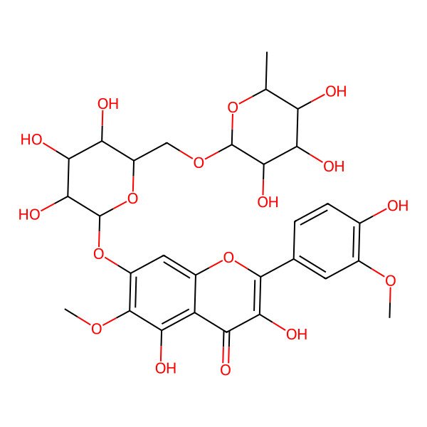 2D Structure of 3,5-dihydroxy-2-(4-hydroxy-3-methoxyphenyl)-6-methoxy-7-[(2R,3S,4R,5R,6S)-3,4,5-trihydroxy-6-[[(2R,3R,4R,5R,6S)-3,4,5-trihydroxy-6-methyloxan-2-yl]oxymethyl]oxan-2-yl]oxychromen-4-one