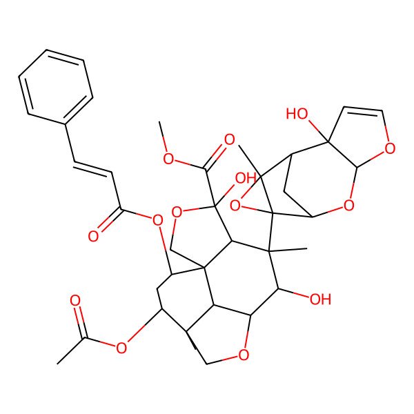 2D Structure of methyl (1S,4S,5R,6S,7S,8R,11R,12R,14S,15S)-12-acetyloxy-4,7-dihydroxy-6-[(1S,2R,6S,8R,9R,11S)-2-hydroxy-11-methyl-5,7,10-trioxatetracyclo[6.3.1.02,6.09,11]dodec-3-en-9-yl]-6,11-dimethyl-14-[(E)-3-phenylprop-2-enoyl]oxy-3,9-dioxatetracyclo[6.6.1.01,5.011,15]pentadecane-4-carboxylate