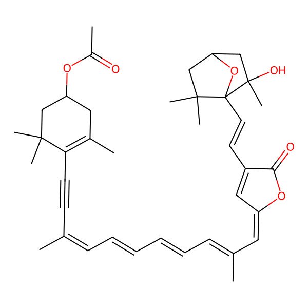 2D Structure of [(1R)-4-[(3E,5E,7E,9E,11Z)-11-[4-[(E)-2-[(1R,2R)-2-hydroxy-2,6,6-trimethyl-7-oxabicyclo[2.2.1]heptan-1-yl]ethenyl]-5-oxofuran-2-ylidene]-3,10-dimethylundeca-3,5,7,9-tetraen-1-ynyl]-3,5,5-trimethylcyclohex-3-en-1-yl] acetate
