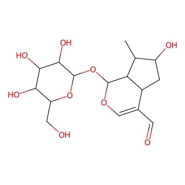 2D Structure of (1S,4aS,6S,7R,7aR)-6-hydroxy-7-methyl-1-[(2S,3S,4S,5S,6R)-3,4,5-trihydroxy-6-(hydroxymethyl)oxan-2-yl]oxy-1,4a,5,6,7,7a-hexahydrocyclopenta[c]pyran-4-carbaldehyde
