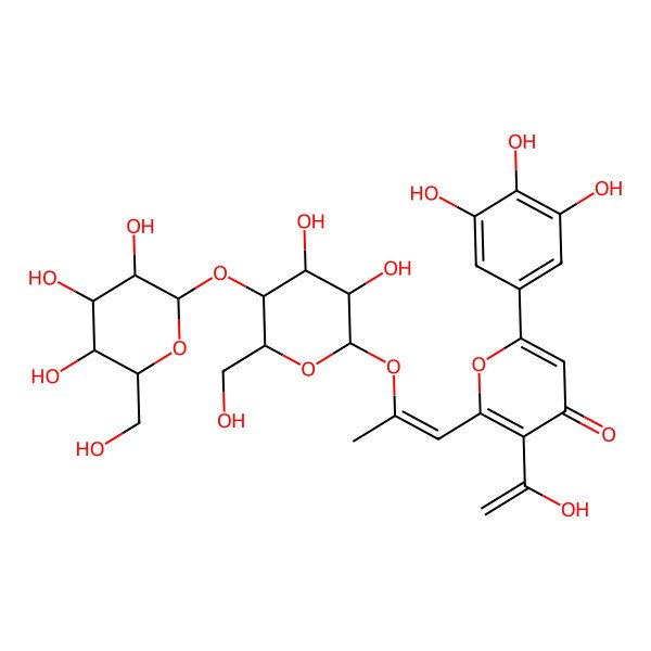 2D Structure of 2-[2-[3,4-Dihydroxy-6-(hydroxymethyl)-5-[3,4,5-trihydroxy-6-(hydroxymethyl)oxan-2-yl]oxyoxan-2-yl]oxyprop-1-enyl]-3-(1-hydroxyethenyl)-6-(3,4,5-trihydroxyphenyl)pyran-4-one