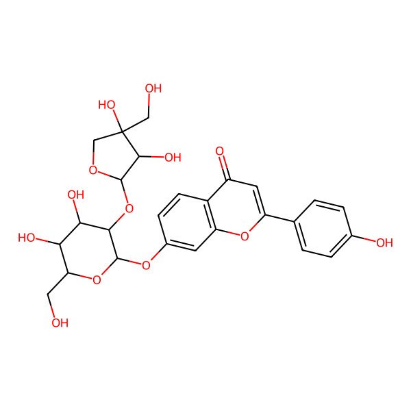 2D Structure of 7-[(2S,3R,4S,5S,6R)-3-[(2S,3R,4R)-3,4-dihydroxy-4-(hydroxymethyl)oxolan-2-yl]oxy-4,5-dihydroxy-6-(hydroxymethyl)oxan-2-yl]oxy-2-(4-hydroxyphenyl)chromen-4-one