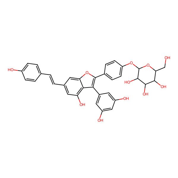 2D Structure of 2-[4-[3-(3,5-Dihydroxyphenyl)-4-hydroxy-6-[2-(4-hydroxyphenyl)ethenyl]-1-benzofuran-2-yl]phenoxy]-6-(hydroxymethyl)oxane-3,4,5-triol