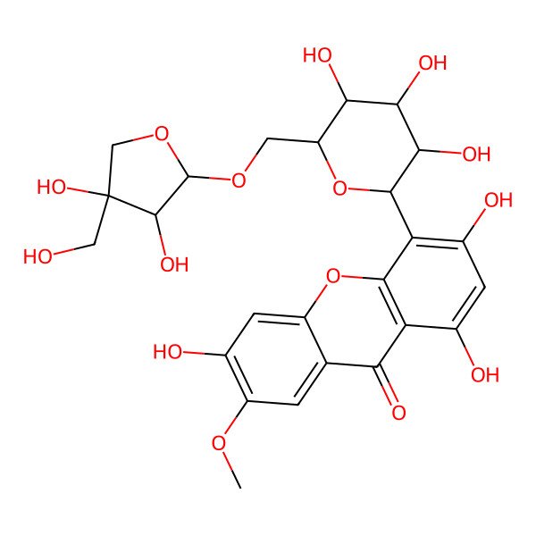2D Structure of 4-[(2S,3R,4R,5S,6R)-6-[[(2R,3R,4R)-3,4-dihydroxy-4-(hydroxymethyl)oxolan-2-yl]oxymethyl]-3,4,5-trihydroxyoxan-2-yl]-1,3,6-trihydroxy-7-methoxyxanthen-9-one