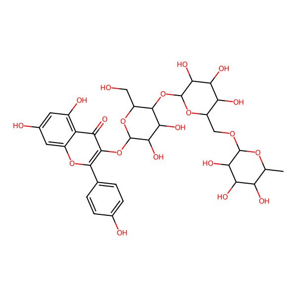 2D Structure of 3-[3,4-Dihydroxy-6-(hydroxymethyl)-5-[3,4,5-trihydroxy-6-[(3,4,5-trihydroxy-6-methyloxan-2-yl)oxymethyl]oxan-2-yl]oxyoxan-2-yl]oxy-5,7-dihydroxy-2-(4-hydroxyphenyl)chromen-4-one