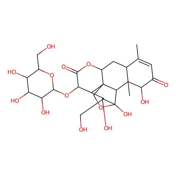 2D Structure of (1S,4R,5R,6S,7S,8R,11R,13S,17S,18S,19R)-4,5,17-trihydroxy-6-(hydroxymethyl)-14,18-dimethyl-8-[(2S,3R,4S,5S,6R)-3,4,5-trihydroxy-6-(hydroxymethyl)oxan-2-yl]oxy-3,10-dioxapentacyclo[9.8.0.01,7.04,19.013,18]nonadec-14-ene-9,16-dione