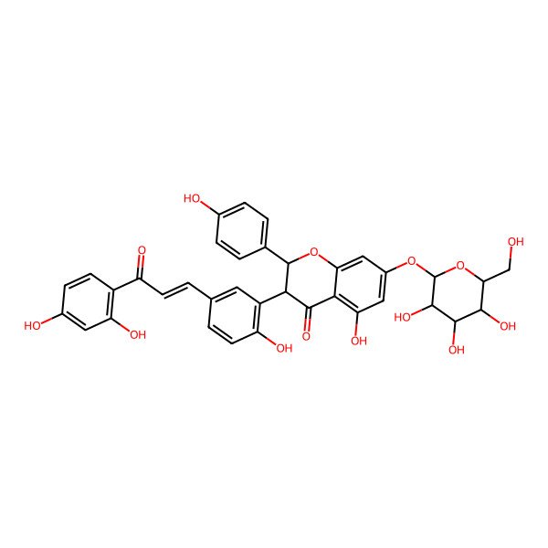 2D Structure of (2R,3S)-3-[5-[(E)-3-(2,4-dihydroxyphenyl)-3-oxoprop-1-enyl]-2-hydroxyphenyl]-5-hydroxy-2-(4-hydroxyphenyl)-7-[(2S,3R,4S,5S,6R)-3,4,5-trihydroxy-6-(hydroxymethyl)oxan-2-yl]oxy-2,3-dihydrochromen-4-one
