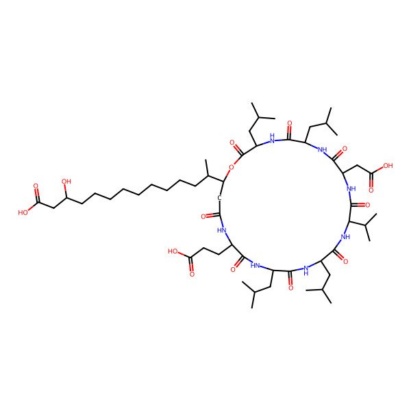 2D Structure of 13-[21-(2-Carboxyethyl)-9-(carboxymethyl)-3,6,15,18-tetrakis(2-methylpropyl)-2,5,8,11,14,17,20,23-octaoxo-12-propan-2-yl-1-oxa-4,7,10,13,16,19,22-heptazacyclopentacos-25-yl]-3-hydroxytetradecanoic acid