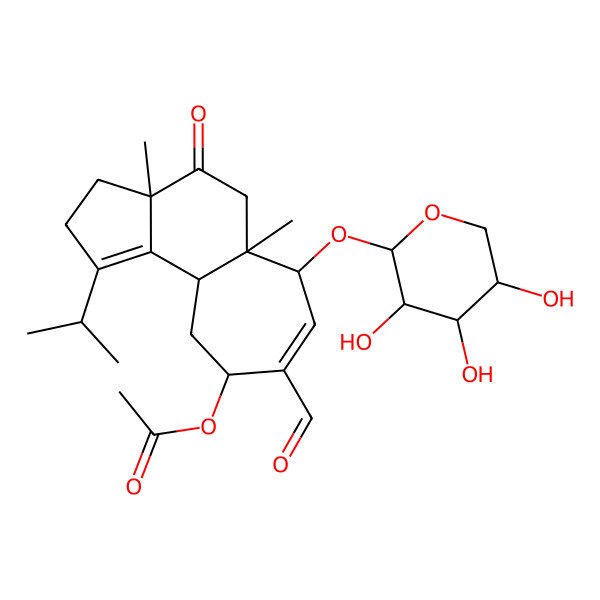 2D Structure of [8-formyl-3a,5a-dimethyl-4-oxo-1-propan-2-yl-6-(3,4,5-trihydroxyoxan-2-yl)oxy-3,5,6,9,10,10a-hexahydro-2H-cyclohepta[e]inden-9-yl] acetate