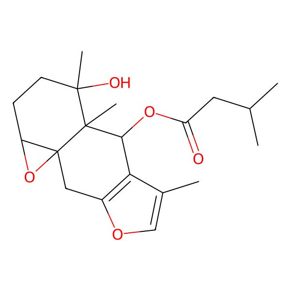 2D Structure of (10-Hydroxy-6,9,10-trimethyl-4,14-dioxatetracyclo[7.5.0.01,13.03,7]tetradeca-3(7),5-dien-8-yl) 3-methylbutanoate