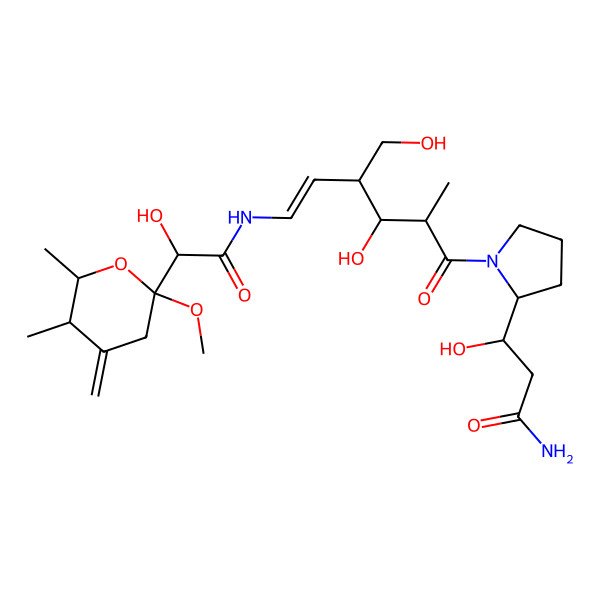 2D Structure of (3R)-3-hydroxy-3-[(2S)-1-[(E,3R)-3-hydroxy-6-[[(2R)-2-hydroxy-2-[(2R,5R,6R)-2-methoxy-5,6-dimethyl-4-methylideneoxan-2-yl]acetyl]amino]-4-(hydroxymethyl)-2-methylhex-5-enoyl]pyrrolidin-2-yl]propanamide