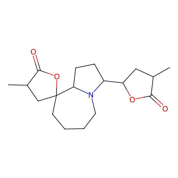 2D Structure of (3S,3'R,9R,9aR)-3'-methyl-3-[(2S,4S)-4-methyl-5-oxooxolan-2-yl]spiro[1,2,3,5,6,7,8,9a-octahydropyrrolo[1,2-a]azepine-9,5'-oxolane]-2'-one
