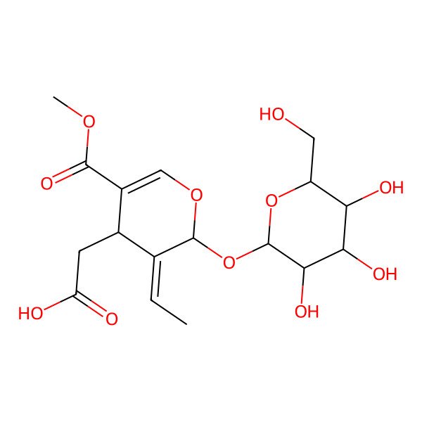 2D Structure of 2-[3-ethylidene-5-methoxycarbonyl-2-[3,4,5-trihydroxy-6-(hydroxymethyl)oxan-2-yl]oxy-4H-pyran-4-yl]acetic acid