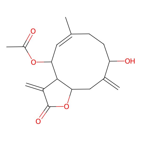 2D Structure of [(3aR,4R,5E,9R,11aS)-9-hydroxy-6-methyl-3,10-dimethylidene-2-oxo-4,7,8,9,11,11a-hexahydro-3aH-cyclodeca[b]furan-4-yl] acetate