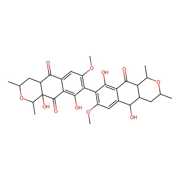 2D Structure of 8-(5,9-Dihydroxy-7-methoxy-1,3-dimethyl-10-oxo-1,3,4,4a,5,10a-hexahydrobenzo[g]isochromen-8-yl)-9,10a-dihydroxy-7-methoxy-1,3-dimethyl-1,3,4,4a-tetrahydrobenzo[g]isochromene-5,10-dione