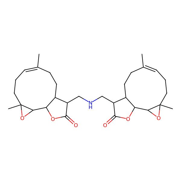 2D Structure of (1S,2S,4R,7E,11S,12R)-12-[[[(1S,2S,4R,7E,11S,12R)-4,8-dimethyl-13-oxo-3,14-dioxatricyclo[9.3.0.02,4]tetradec-7-en-12-yl]methylamino]methyl]-4,8-dimethyl-3,14-dioxatricyclo[9.3.0.02,4]tetradec-7-en-13-one