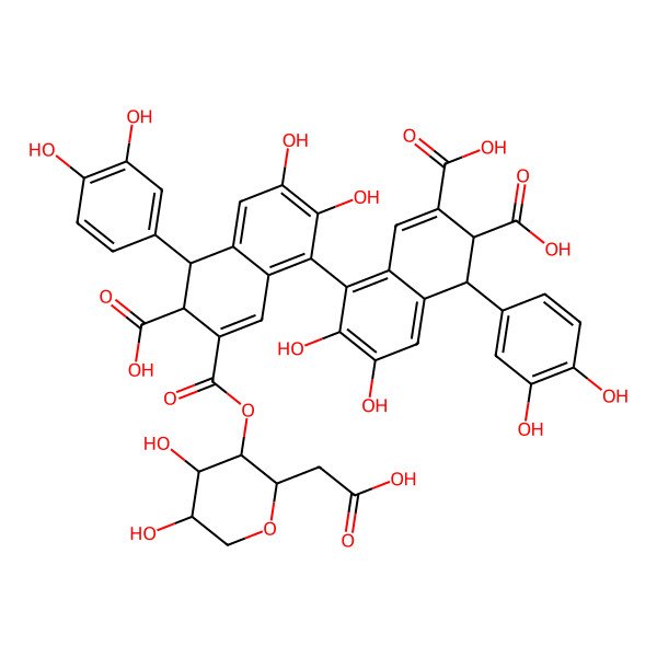 2D Structure of (1R,2S)-5-[(5R,6S)-6-carboxy-7-[(2S,3R,4S,5S)-2-(carboxymethyl)-4,5-dihydroxyoxan-3-yl]oxycarbonyl-5-(3,4-dihydroxyphenyl)-2,3-dihydroxy-5,6-dihydronaphthalen-1-yl]-1-(3,4-dihydroxyphenyl)-6,7-dihydroxy-1,2-dihydronaphthalene-2,3-dicarboxylic acid