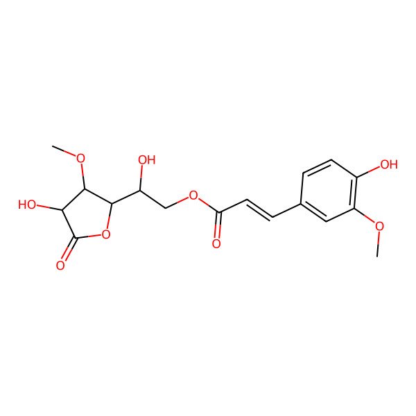 2D Structure of [(2S)-2-hydroxy-2-[(2S,3S,4R)-4-hydroxy-3-methoxy-5-oxooxolan-2-yl]ethyl] (E)-3-(4-hydroxy-3-methoxyphenyl)prop-2-enoate