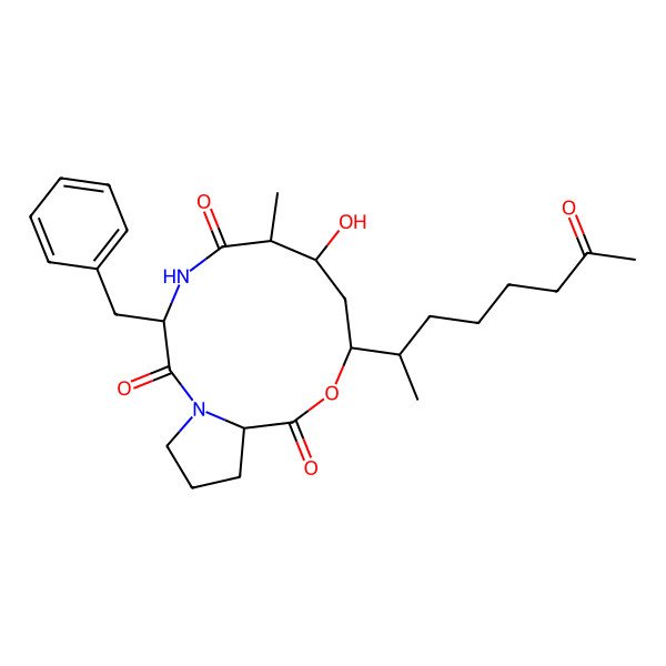 2D Structure of 3-Benzyl-7-hydroxy-6-methyl-9-(7-oxooctan-2-yl)-10-oxa-1,4-diazabicyclo[10.3.0]pentadecane-2,5,11-trione