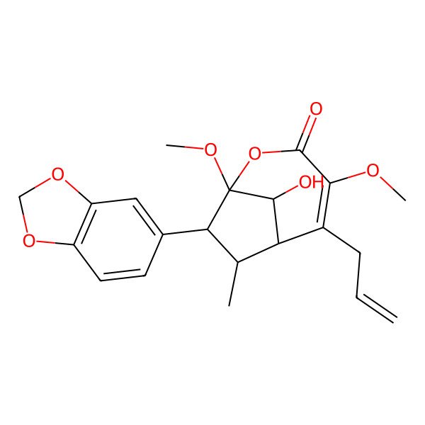 2D Structure of 8-(1,3-Benzodioxol-5-yl)-9-hydroxy-1,4-dimethoxy-7-methyl-5-prop-2-enyl-2-oxabicyclo[4.2.1]non-4-en-3-one